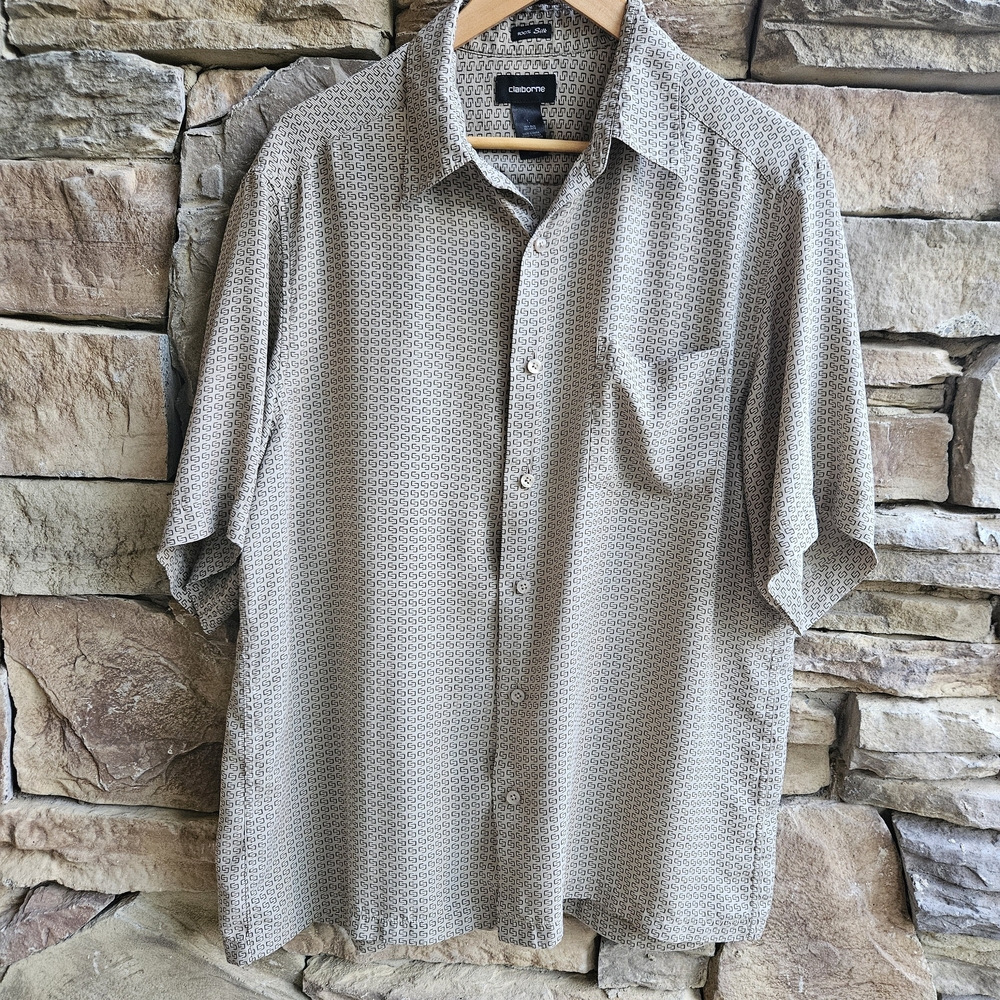 Claiborne Men's Silk Beige Geometric Button Down Shirt